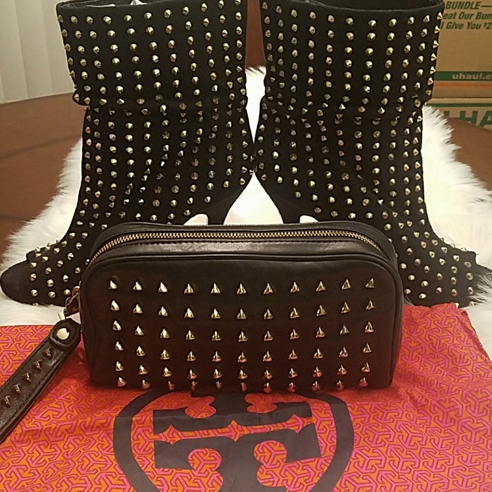 Tory Bury Black Pyramid Studded Clutch Wristlet